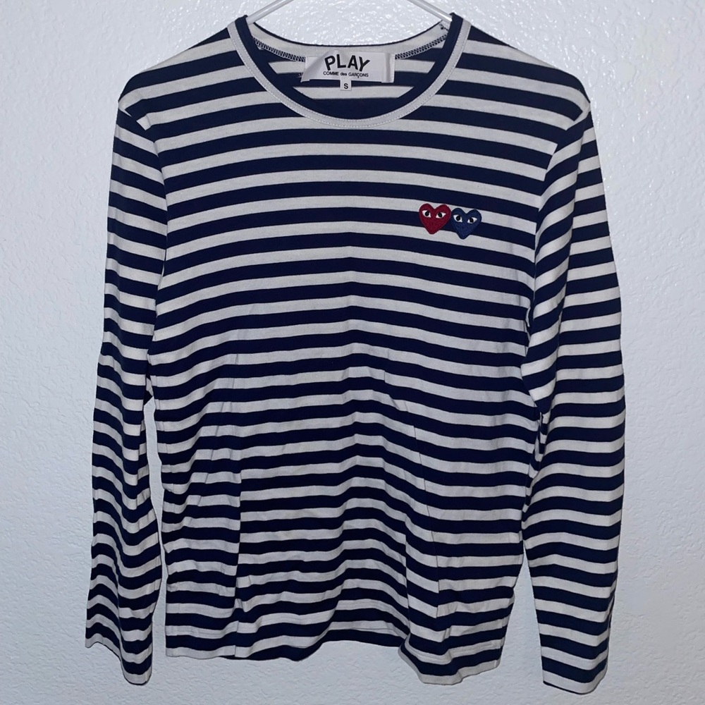 Navy blue & white stripped Comme des Garcons long sleeve shirt.